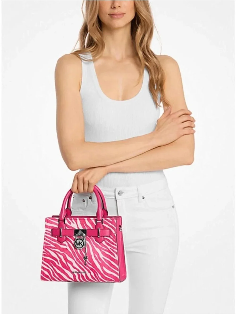 Michael Kors Small Hamilton Pink Zebra Calf-Hair Crossbody Bag